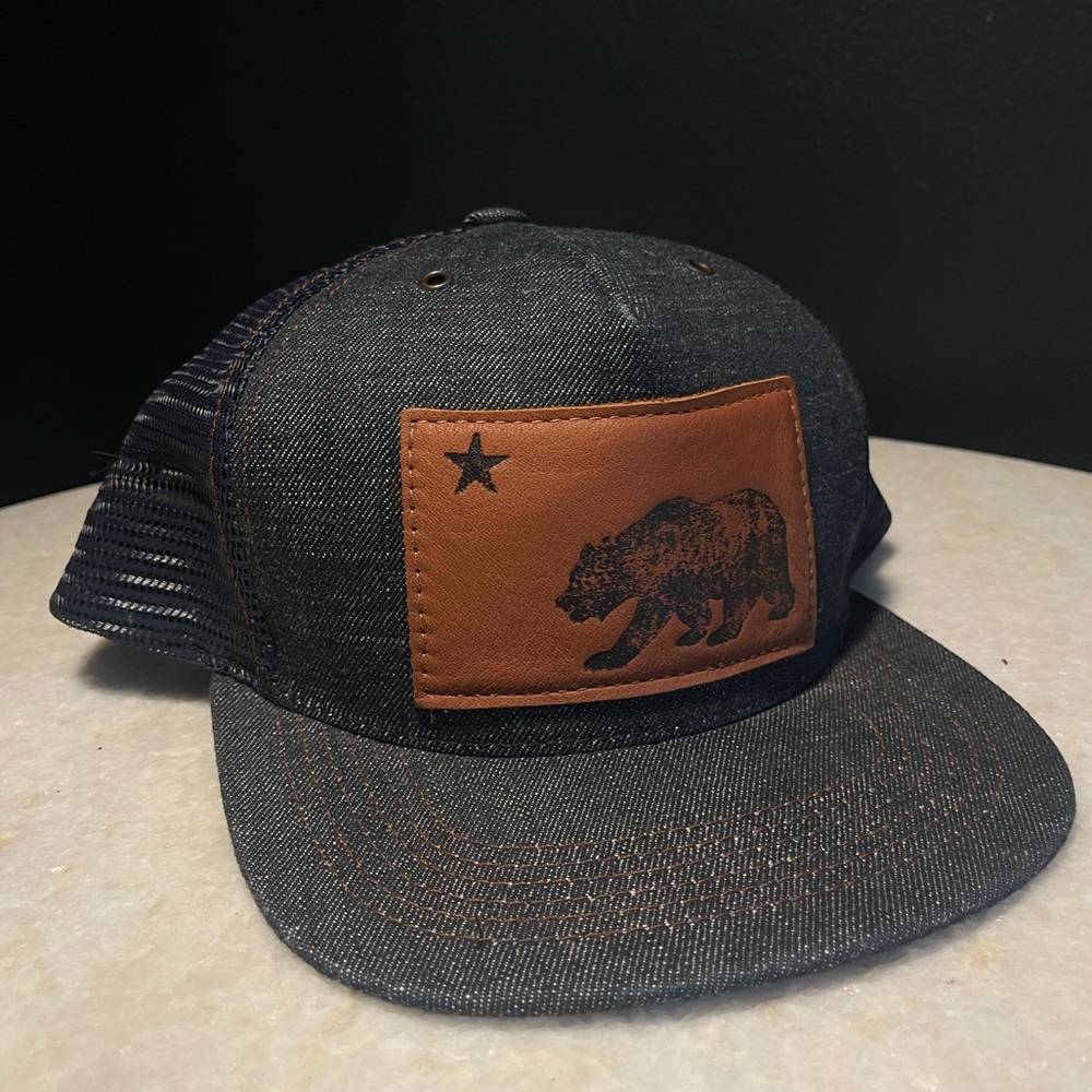 DENIM TRUCKER HAT - LEATHER CALIFORNIA FLAG
